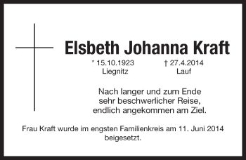 Traueranzeige von Elsbeth Johanna Kraft von Pegnitz-Zeitung